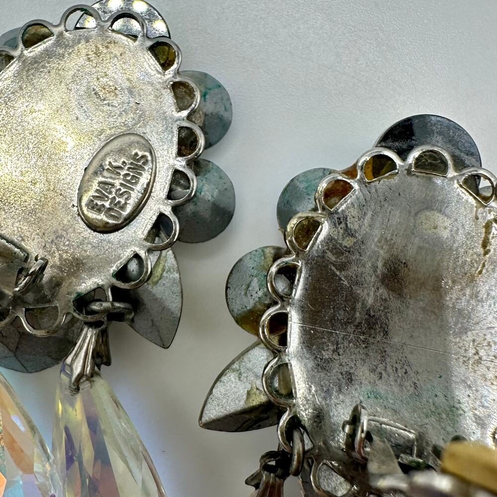 Eva K. silver tone AB aurora borealis glass rhinestones dangle clip on earrings - Picture 6 of 8